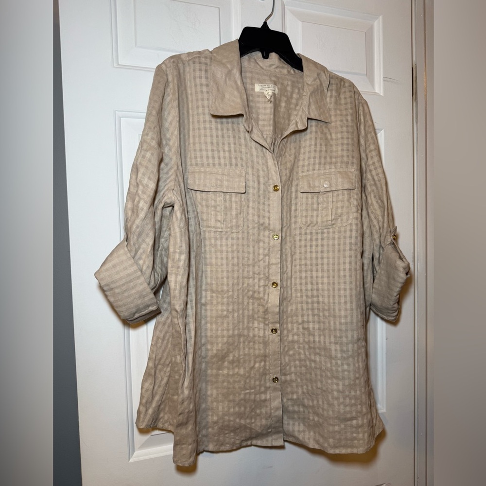 Charter Club Luxury Linen Blend Tan Gingham Button Up 3X Plus Cuffed Sleeves